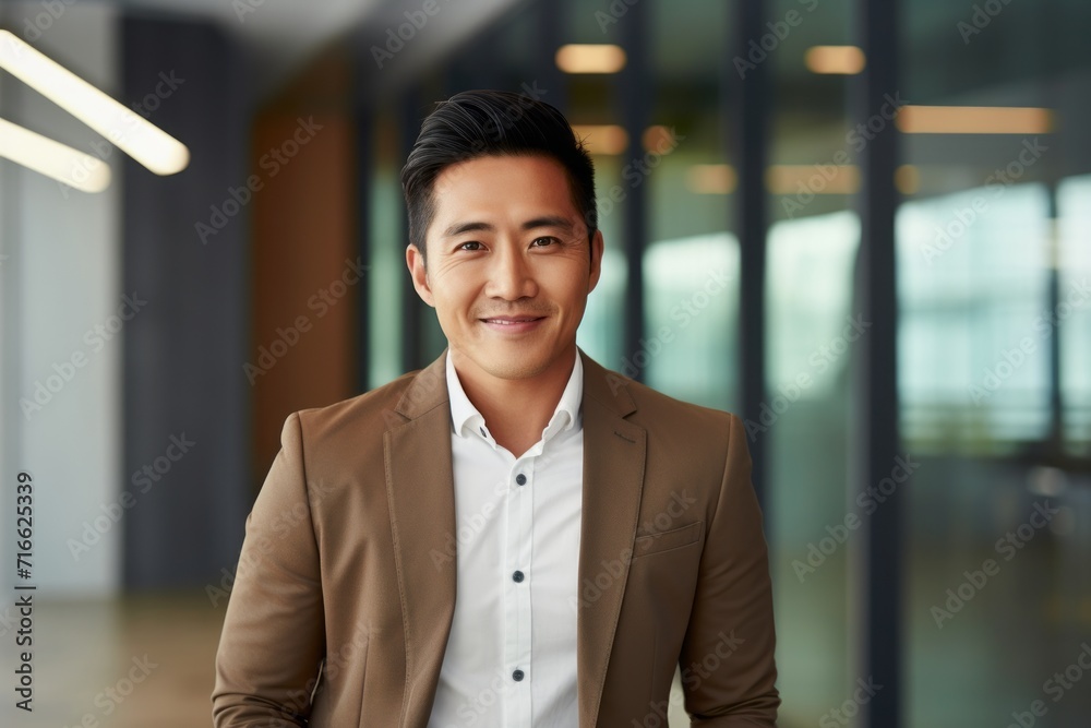 Portrait of a grinning asian man in his 30s dressed in a stylish blazer against a modern minimalist interior. AI Generation