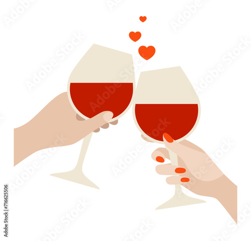 Hands clinking two glasses of red wine. Two glasses with hearts holiday valentine's day, wedding, marriage, celebrate. Vector art illustration on a white background.