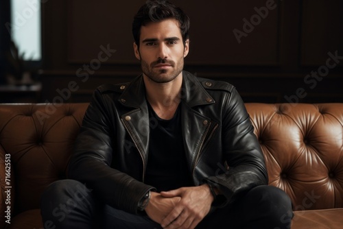 Portrait of a tender man in his 30s sporting a classic leather jacket against a modern minimalist interior. AI Generation © CogniLens