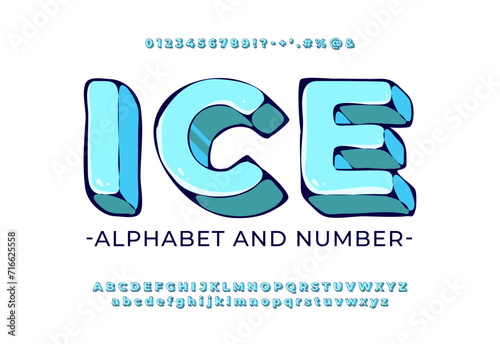 Ice cube style ice alphabet. 3D ice letters. Cold, cartoon icy letters. Set contains big and small letters, digits and symbols. Vector illustration
