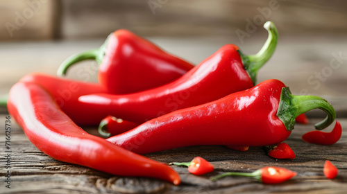 Fresh Red Chili Peppers on Rustic Wooden Background