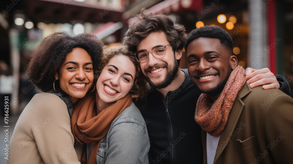 Multiracial happy people on the street smiling and hugging, foreign exchange students of different ages. AI generated