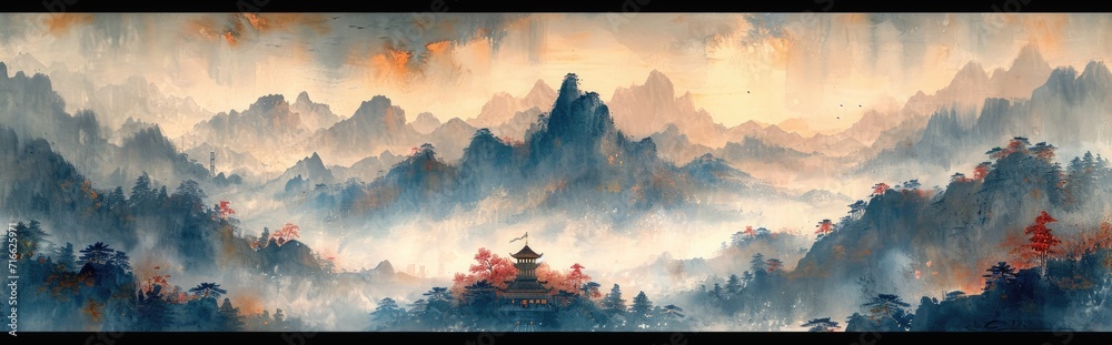 Chinese watercolor painting on wash paper with mountain, fog and trees - obrazy, fototapety, plakaty 