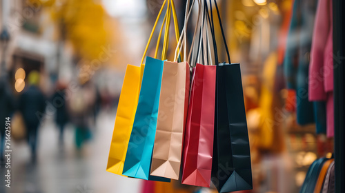Colorful Shopping Bags on Busy City Street Background