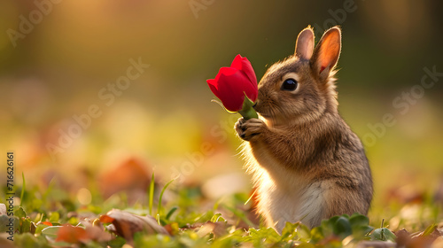 Bunny with a Red Tulip in Golden Hour Light