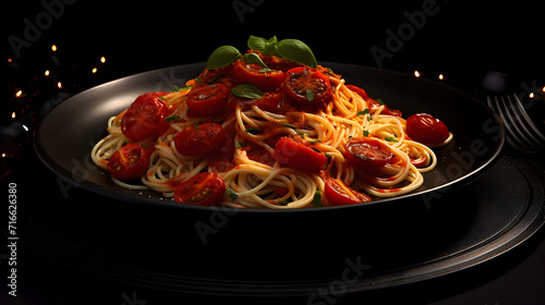 italian food. spaghetti pasta in black plate on dark background,, Concept of Super bowl snacks on dark background