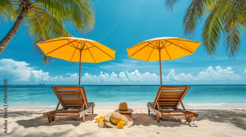Beach chairs, umbrellas, hats, and sunglasses arranged on a seaside table against a backdrop of sea, sky, yellow umbrellas, and coconut trees. A serene coastal scene captured from the back view.
