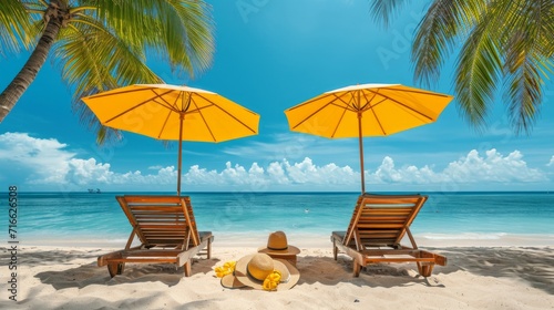 Beach chairs, umbrellas, hats, and sunglasses arranged on a seaside table against a backdrop of sea, sky, yellow umbrellas, and coconut trees. A serene coastal scene captured from the back view. © Saowanee