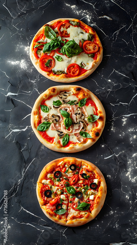 typical fresh Italian pizza on a matt black marble top 