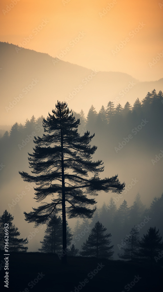 a lonely pine tree in the sunset mist in the mountains, an autumn calm landscape of wildlife, a vertical panorama of the forest