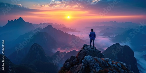 businessman on the top mountain, wallpaper of mountain at sunset