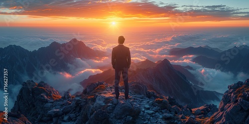 hiker on the top mountain, wallpaper of mountain at sunset