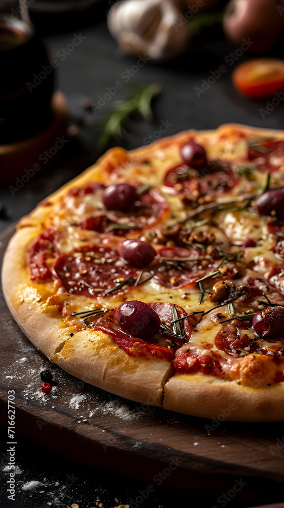 typical fresh Italian pizza on top of a matt black marble