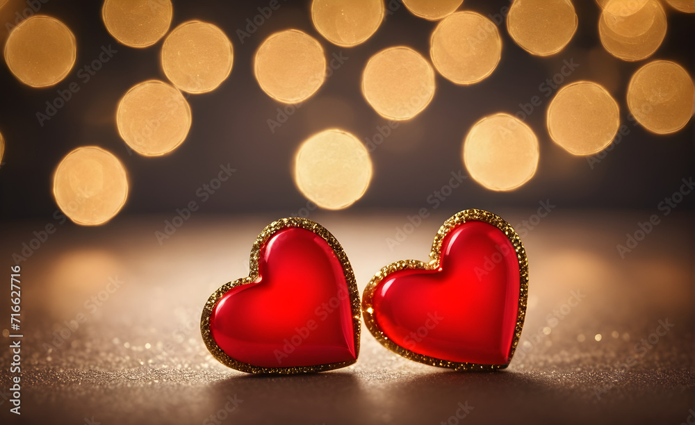 Two small red heart on a sparkling gold background, Valentine's Day, Christmas. Generative AI Two small red heart on a sparkling gold background, Valentine's Day, Christmas. Generative AI