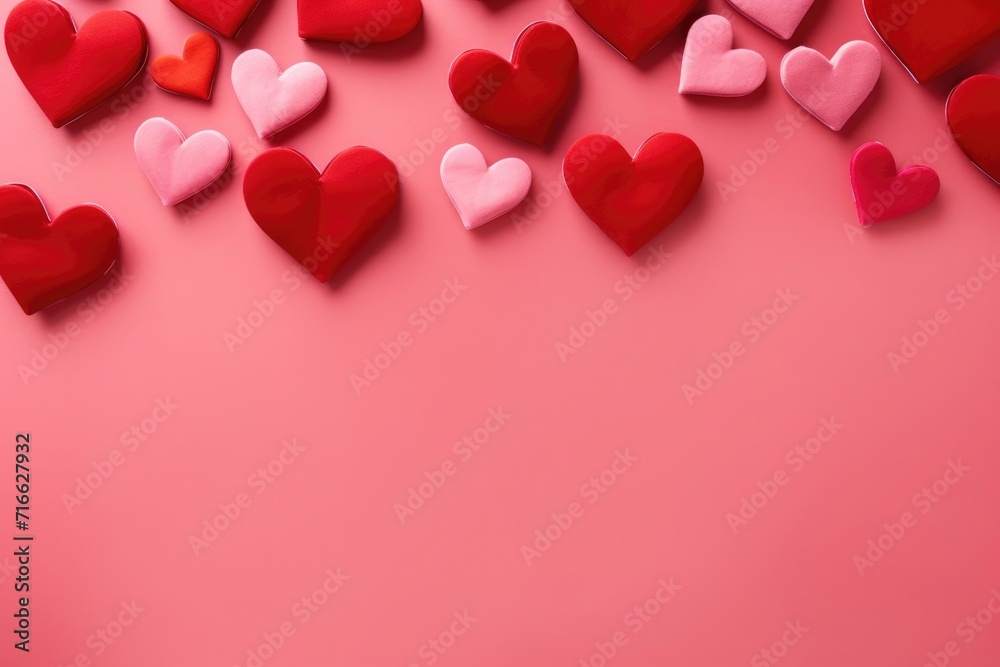 Red textile hearts on paper monocolor background. Happy Valentine's Day top view