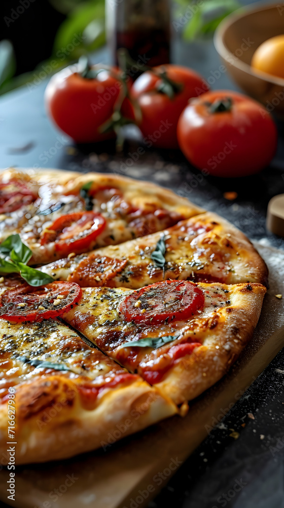 typical fresh Italian pizza on top of a matt black marble