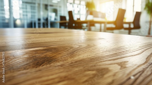 An empty wooden table top with a blurred modern office space background, featuring glass walls and a bright, airy atmosphere, suitable for product display or as a clean, minimalist workspace setting. 