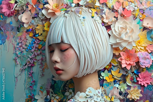 collage of image of Asian woman with sharp bob haircut white hair head with flowers, pastel iridescent colors, holographic foil