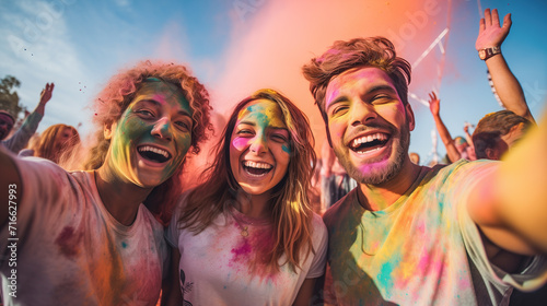 Group of friends celebrating the day of Holi festival of colors, on a sunny day. generated artificial intelligence