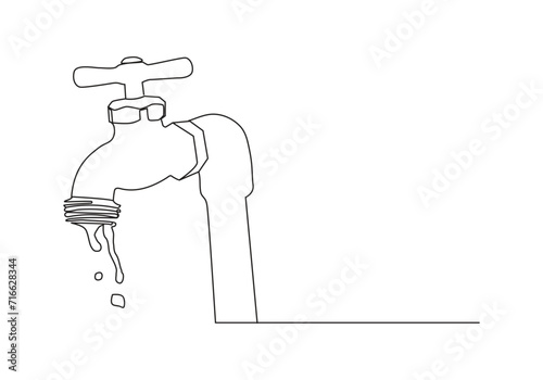 faucet drop of water in continuous line art drawing style. Mixer tap with water drop black linear sketch isolated on white background. Vector illustration
