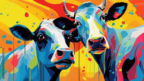 Urban art design. Illustration of a cows. Creativity in graffiti style painted on walls.
