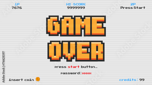 Game over press start button.pixel art .8 bit game.retro game. for game assets in vector illustrations.Retro Futurism Sci-Fi Background. glowing neon grid.and stars from vintage arcade comp	
