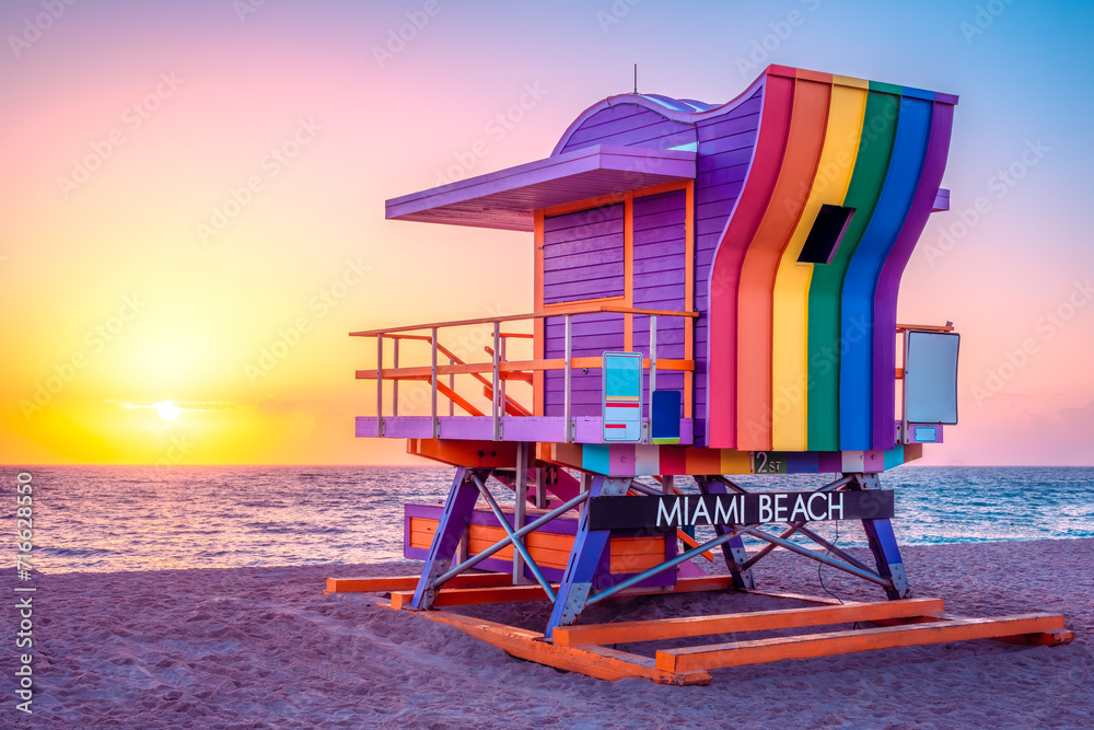 rescue tower at miami beach during sunrise