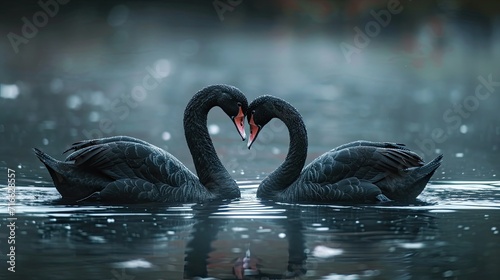 2 black swans kissing and making the shape of a heart on a lake