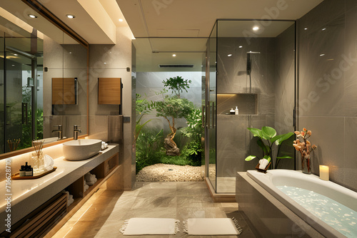 An exotic and stylish, modern bathroom is an oasis of luxury and flair, a unique space, washbasin, giving the bathroom a touch of natural exoticism, interior, relaxation © Мария Евсеева