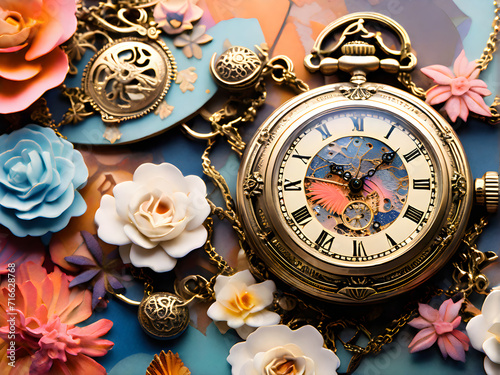 antique clock and flowers