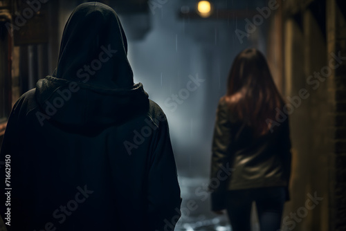 Night scene with man in hood following woman. Concept for crime, stalking and sexual assault photo