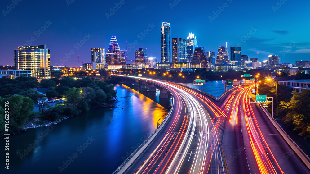A bridge with traffic over a river during rush hour city skyline in the background.