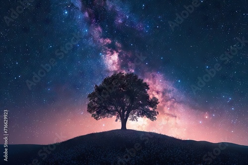 A lone tree in the space, milky way is the background