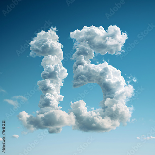 The number fifteen made of clouds in a blue sky