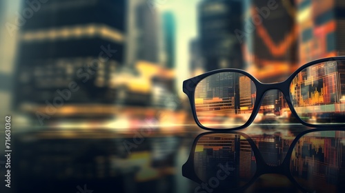 Banner shot of pair of glasses in front of stock market charts, stock market analysis concept