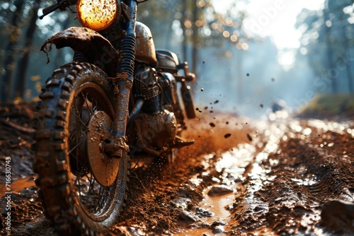 Motocross rider in action on a muddy road at sunset. Motocross. Enduro. Extreme sport concept.