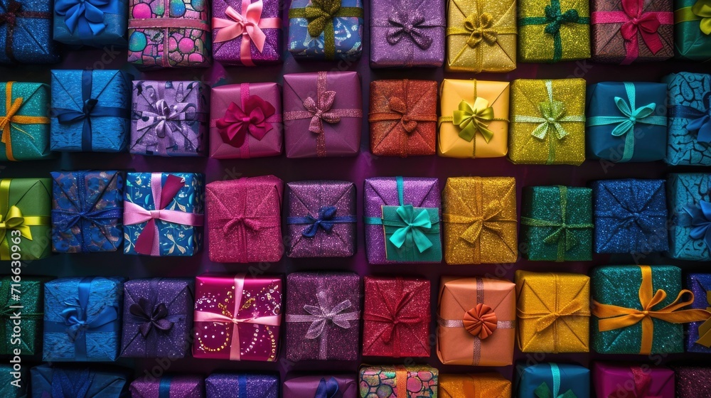 Festive Kaleidoscope of Gift Boxes: Colorful Array with Glitter and Bows - Valentine's Day Concept Festive Kaleidoscope of Gift Boxes: Colorful Array with Glitter and Bows - Valentine's Day Concept