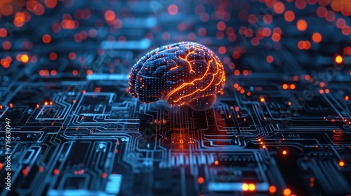 glowing Human brain in cyberspace on circuit board background