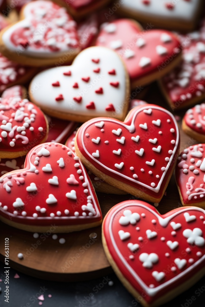Sweet Valentine's Heart Cookies: Red Icing and Themed Sprinkles on Parchment - Valentine's Day Concept Sweet Valentine's Heart Cookies: Red Icing and Themed Sprinkles on Parchment - Valentine's Day Concept