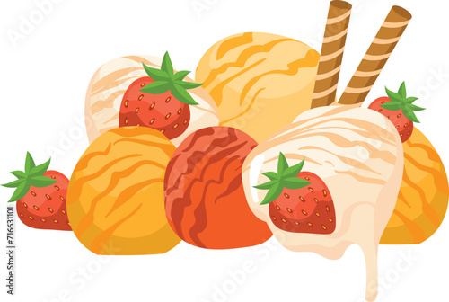 Scoops of various ice cream flavors with strawberries and wafers. Delicious dessert with fruit vector illustration.