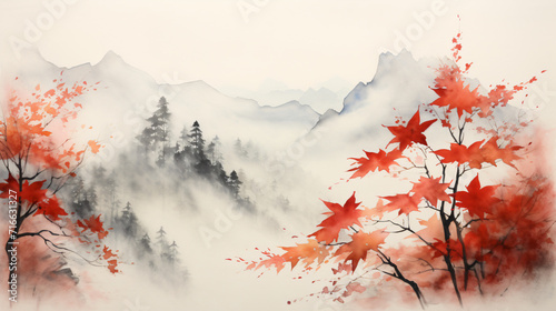 Mountains and red maple leaves in autumn Oriental