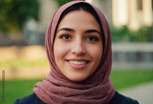 Portrait of a beautiful young muslim woman in hijab smiling at the camera