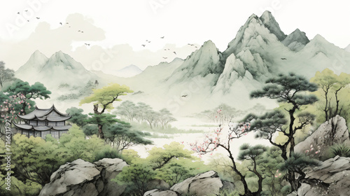 Outdoor scenery full of flowers Oriental ink painting