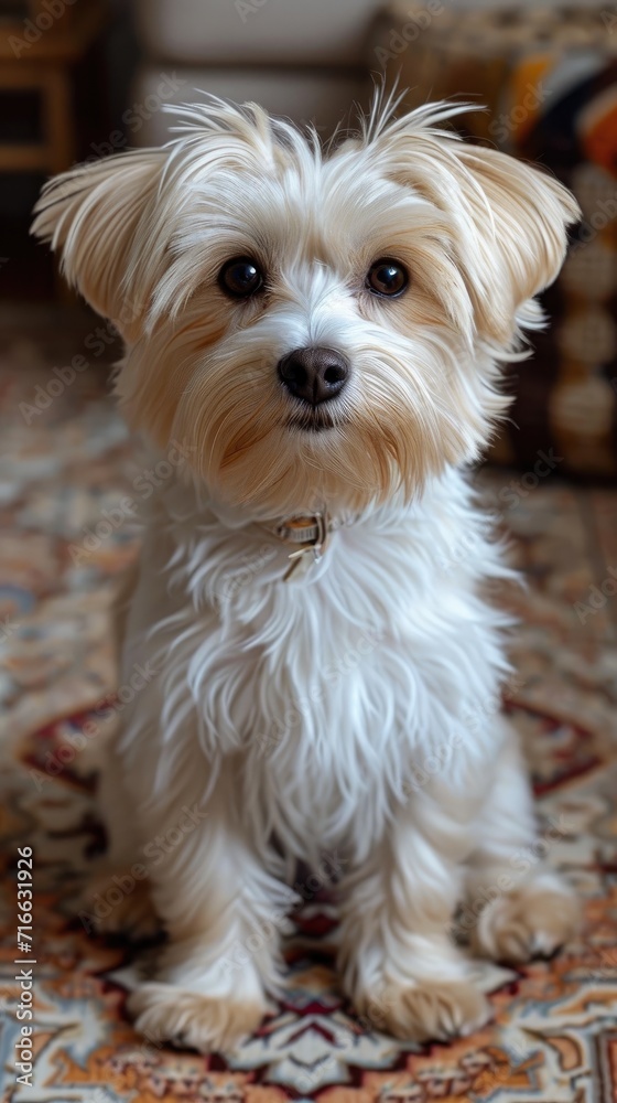 A playful yorkipoo sits contently on a soft rug, surrounded by a variety of other charming toy dog breeds, creating a heartwarming scene of pure canine joy and companionship indoors A playful yorkipoo sits contently on a soft rug, surrounded by a variety of other charming toy dog breeds, creating a heartwarming scene of pure canine joy and companionship indoors