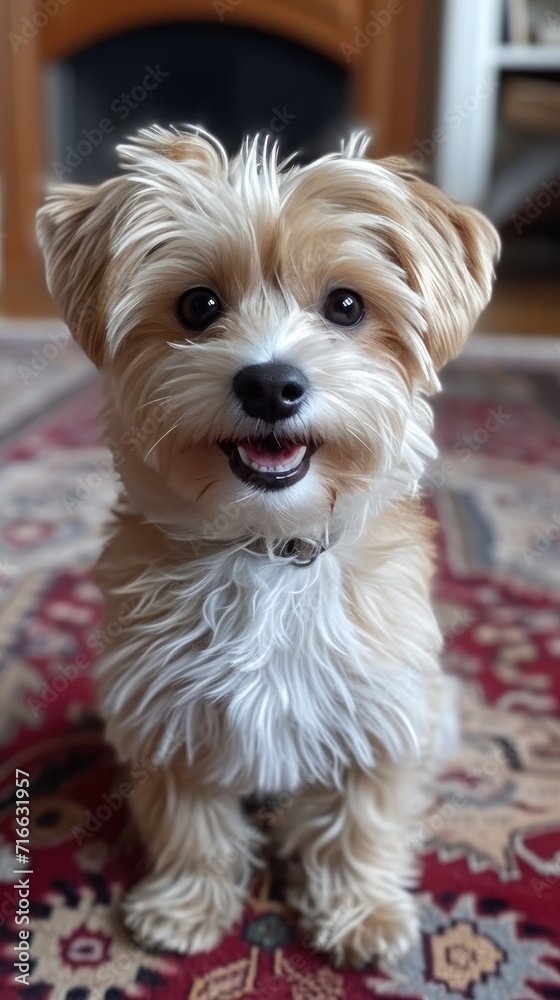 A fluffy yorkipoo puppy sits contentedly on a vibrant rug, surrounded by a variety of small, loving toy dog breeds such as schnoodles, havaneses, and morkies, creating a heartwarming scene of pure in A fluffy yorkipoo puppy sits contentedly on a vibrant rug, surrounded by a variety of small, loving toy dog breeds such as schnoodles, havaneses, and morkies, creating a heartwarming scene of pure in