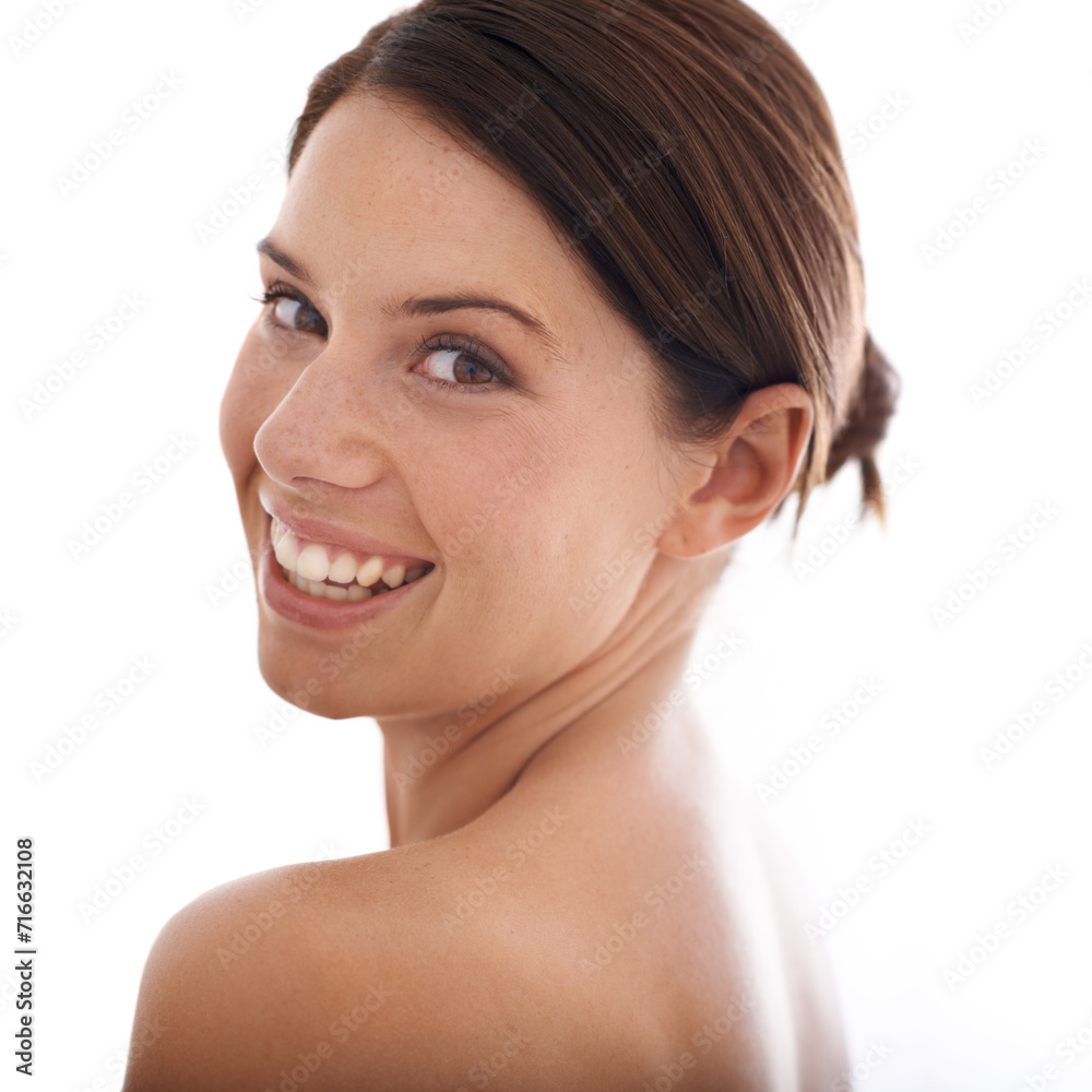 Beauty, studio portrait and happy woman for skincare, facial treatment or cosmetic routine. Face, self care or person smile for anti aging, grooming and cosmetics glow isolated on white background Beauty, studio portrait and happy woman for skincare, facial treatment or cosmetic routine. Face, self care or person smile for anti aging, grooming and cosmetics glow isolated on white background