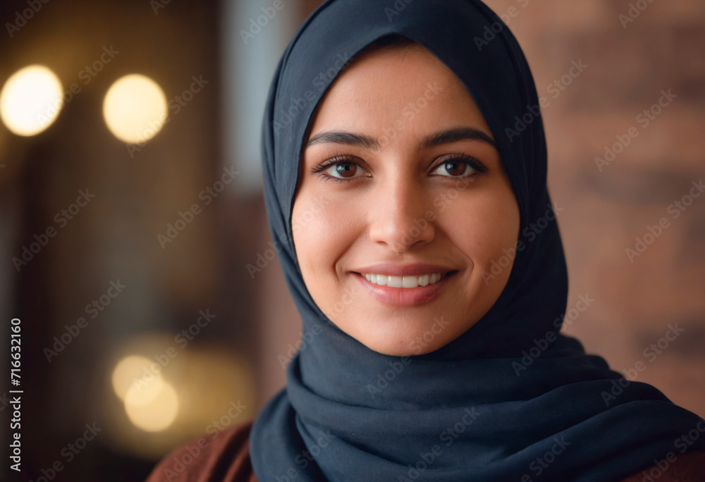 Portrait of a beautiful young muslim woman in hijab smiling at the camera Portrait of a beautiful young muslim woman in hijab smiling at the camera