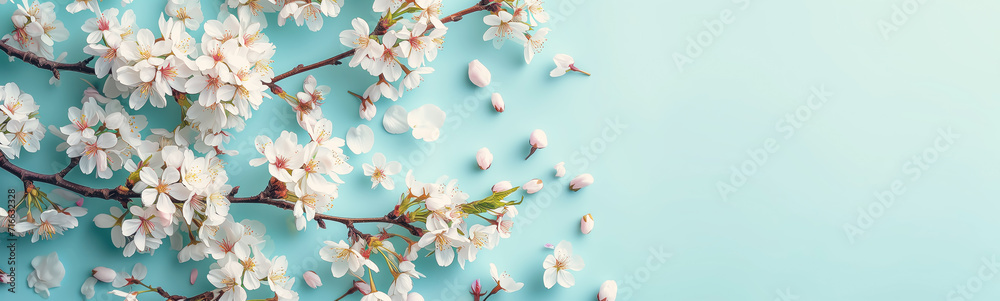 Funny bunny toy lying on the blue background with pastel painted eggs and blooming cherry branches. Easter concept. - obrazy, fototapety, plakaty 