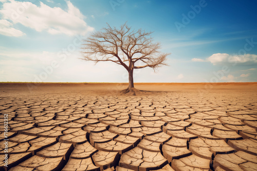 Concept of climate change with dry cracked soil and a lone tree