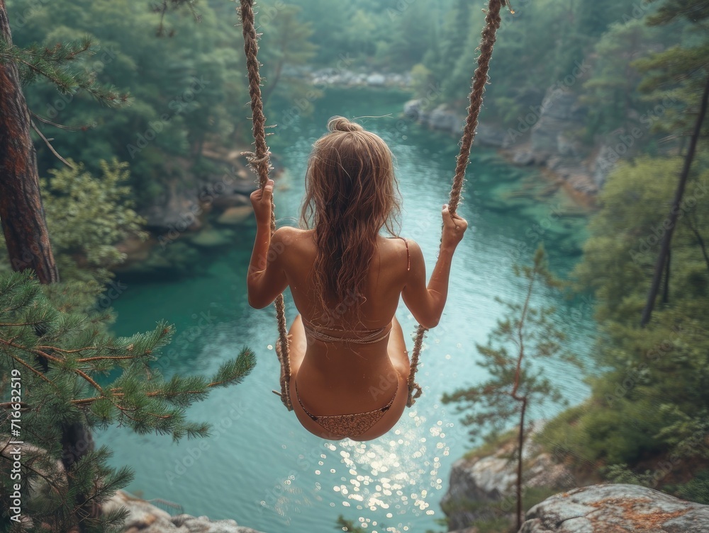 A carefree girl swings over the crystal-clear river, surrounded by lush trees and towering mountains, enjoying the warmth of a summer day in her flowy garment